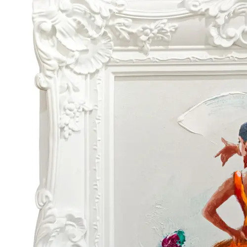 Cuadro con diseño de bailarina con vestido naranja y marco blanco de 60x70cm