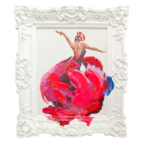 Cuadro con diseño de bailarina con vestido magenta y marco blanco de 60x70cm