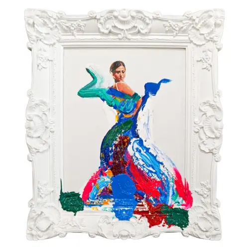 Cuadro con diseño de bailarina con vestido de colores azul y rojos con marco blanco de 60x70cm