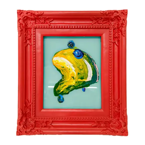 Cuadro con pintura de color marilla con varios tonos con marco rojo de 30x36cm