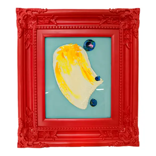 Cuadro con pintura de color amarillo con marco rojo de 30x36cm
