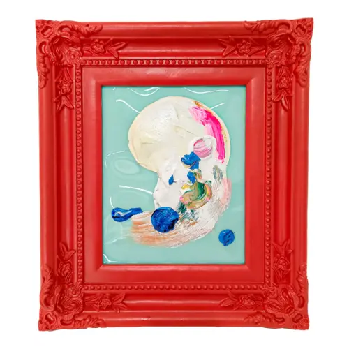 Cuadro con pintura de color amarillo y azul claro con marco rojo de 30x36cm