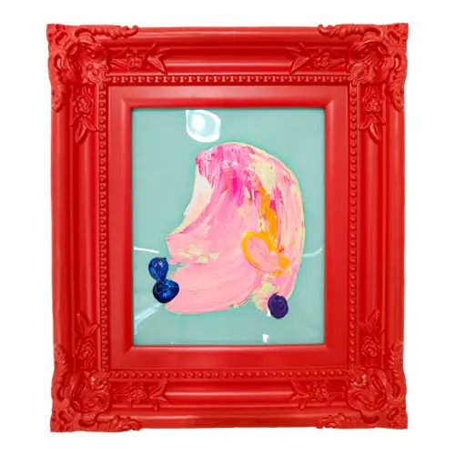 Cuadro con pintura de color verde con rosa con marco rojo de 30x36cm