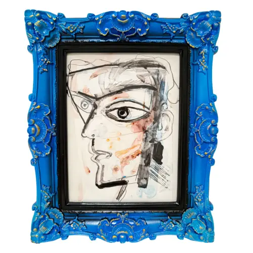 Cuadro diseño rostro con marco azul fuerte de 45x55cm