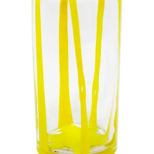 Florero de cristal transparente con linea de color amarillo de 10x10x17cm