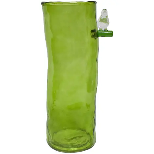 Jarrón de cristal con rama y pajarito de color verde de 13.5×9.5x32cm