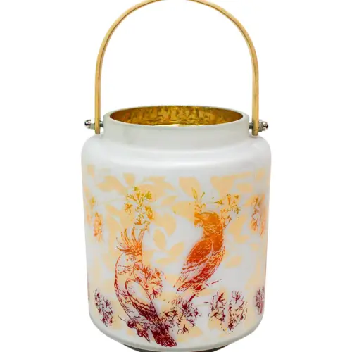 Florero vidrio con agarradera de metal diseño ave de color rojo dorado de 12.2×16.7cm