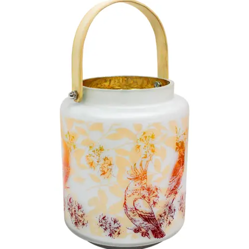Florero vidrio con agarradera de metal diseño ave de color rojo dorado de 12.2×16.7cm
