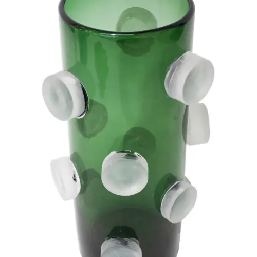 Florero de vidrio cilíndrico verde con círculos de 18.5×18.5x29cm