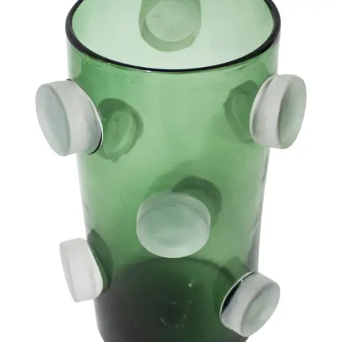 Florero de vidrio cilíndrico verde con círculos de 21.5×21.5×20.5cm