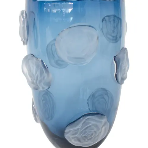Florero de vidrio conico cilíndrico azul con bordes vicelados de 17.5×17.5×28.5cm