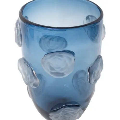 Florero de vidrio conico cilíndrico azul con bordes vicelados de 17.5×17.5×28.5cm