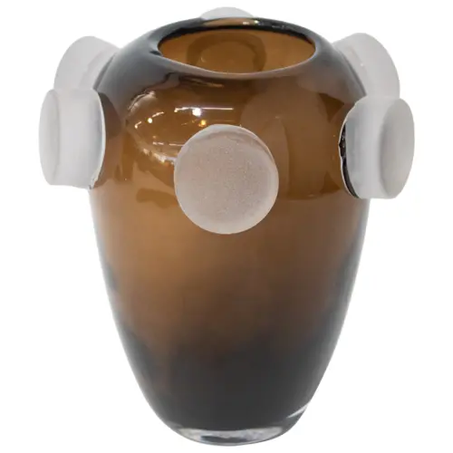 Florero de vidrio diseño tibor café con circulos vicelados de 20.5×20.5x22cm