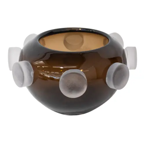 Cuenco de vidrio café con circulos vicelados de 27x27x15.5cm