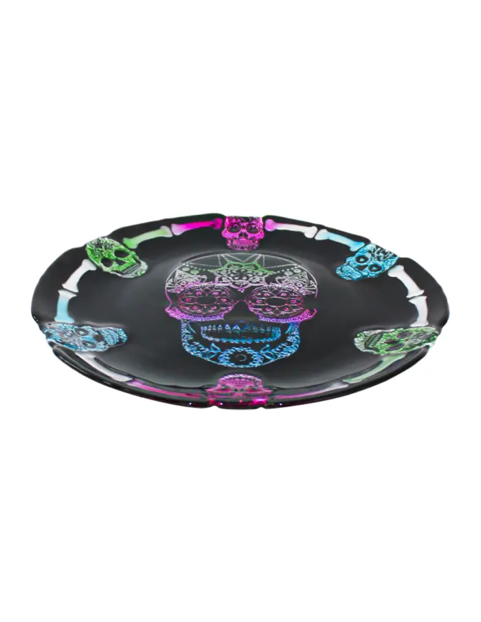Plato de cristal negro con calaveras iridiscentes y orilla diseño huesos de 32cm - Image 2