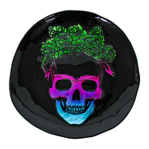 Plato de cristal negro con catrina iridiscente de 32cm