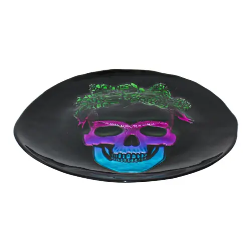 Plato de cristal negro con catrina iridiscente de 32cm
