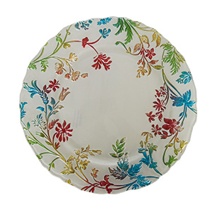 Plato de presentación de cristal aperlado con flores rojas verde y azul de 32cm