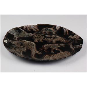 Plato de presentación de cristal negro con elefantes y rinocerontes de 32cm