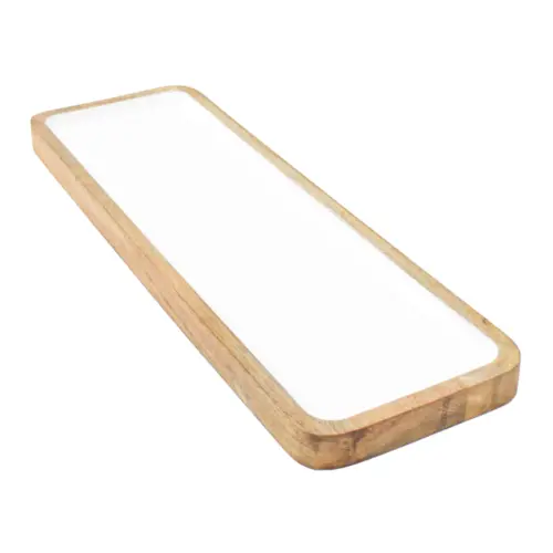 Charola rectangular de madera con metal blanca de 50x16x3cm
