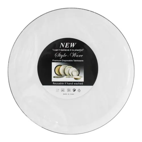 Juego de 3 platos de plástico blancos con filo plata de 27x27x2.5cm