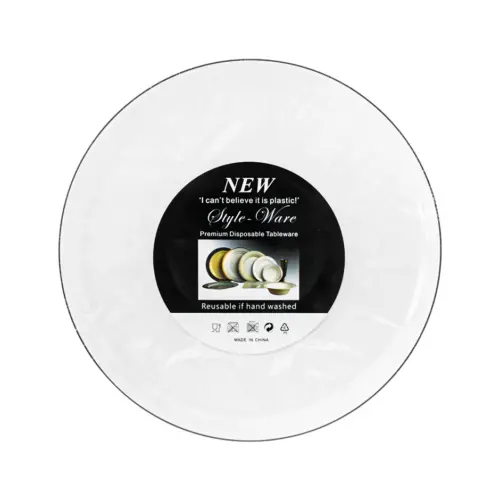 Juego de 5 platos de plástico blancos con filo plata de 21.5×21.5×2.4cm