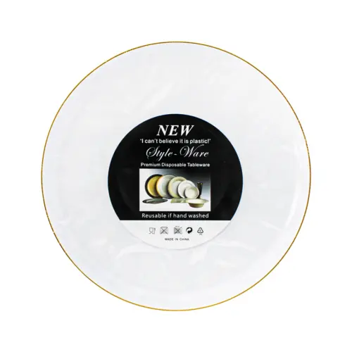 Juego de 5 platos de plástico blancos con filo dorado de 21.5×21.5×2.4cm