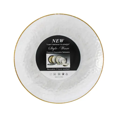 Juego de 3 platos transparentes con filo dorado de 25.5×25.5x3cm