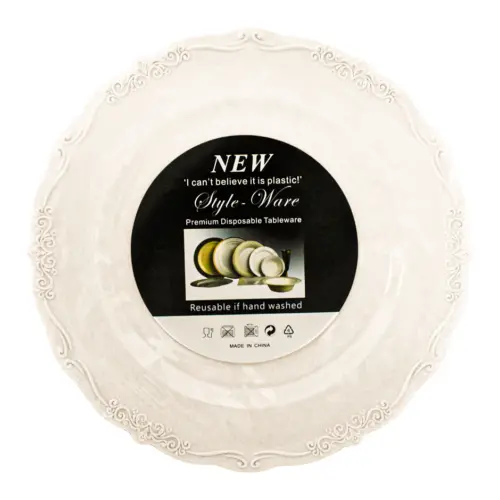 Juego de 6 platos de plastico beige con orilla grabada de 25x25x2.7cm
