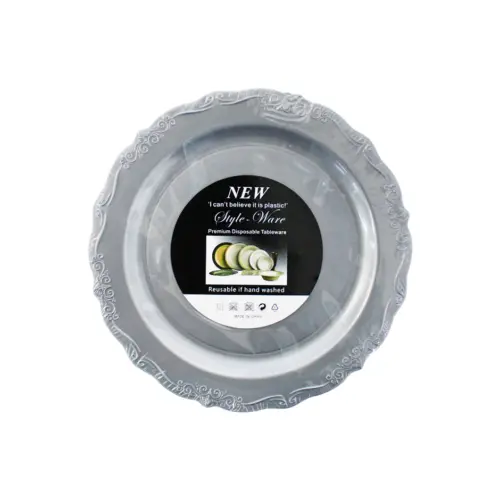 Juego de 6 platos de plastico gris con orillam grabada de 19x19x2cm