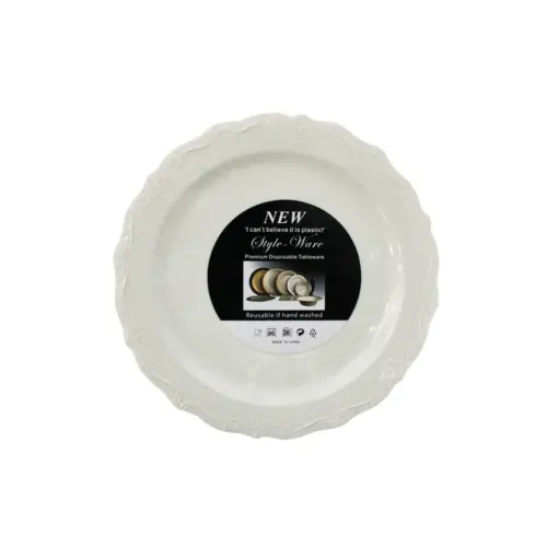 Juego de 6 platos de plastico beige con orilla grabada de 19x19x2cm