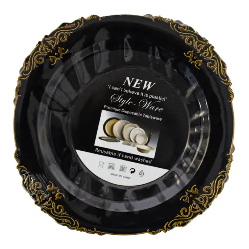 Juego de 3 platos de plástico negro con diseño dorado de 24x24x2.5cm