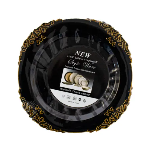 Juego de 6 platos de plástico negro con diseño dorado de 17.5×17.5x2cm