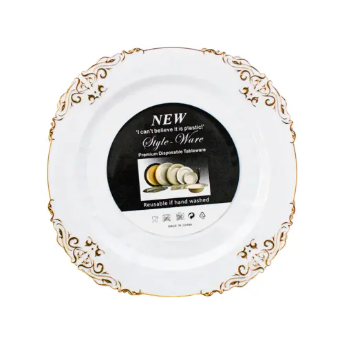 Juego de 6 platos de plástico blanco con diseño dorado de 17.5×17.5x2cm