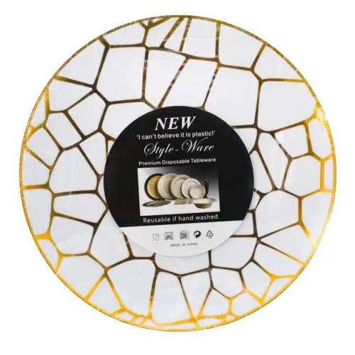 Juego de 6 platos de plástico blancos con dorado de 26x26x3cm