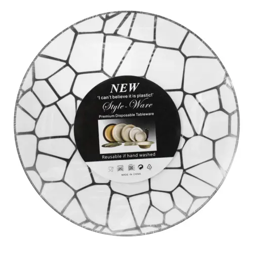 Juego de 6 platos de plástico blancos con plateado de 26x26x3cm