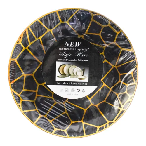 Juego de 6 platos de plástico negro con dorado de 26x26x3cm