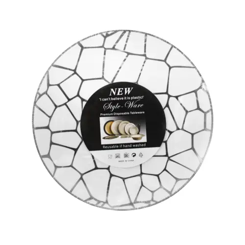 Juego de 6 platos de plástico blanco con plateado de 18.5×18.5x2cm