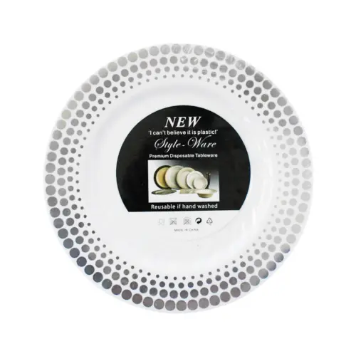 Juego de 6 platos de plástico blanco con puntos plateados de 26x26x2.4cm