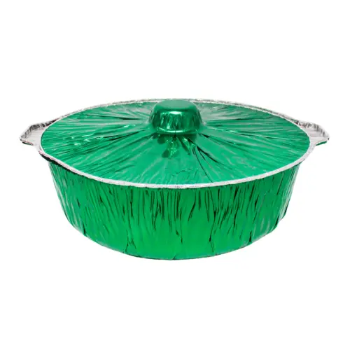 Charola de papel de aluminio verde con tapa de 35x37x14cm