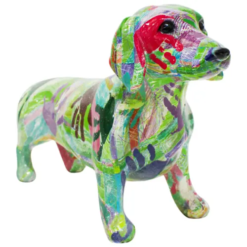 Perro multicolor de poliresina de 35.5x11x20cm