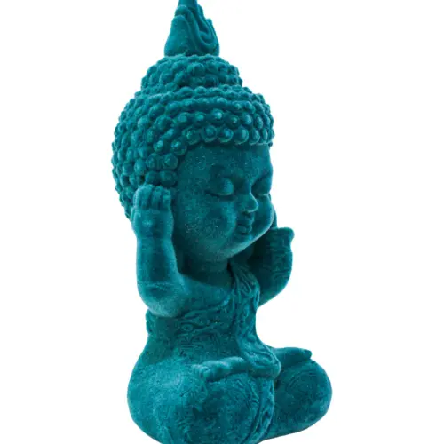 Buda de poliresina no oigo azul de 6x6x13.8cm