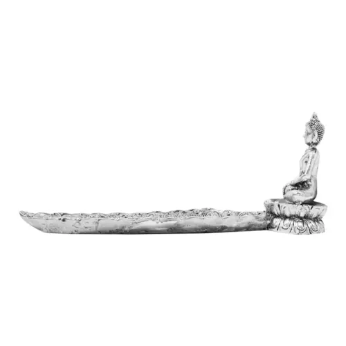Porta incienso de poliresina diseño buda plateado de 28.5×6.5x11cm