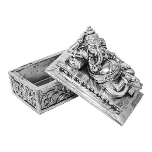 Caja de poliresina con Ganesha recostada plateada de 14.5×8.3×12.5cm