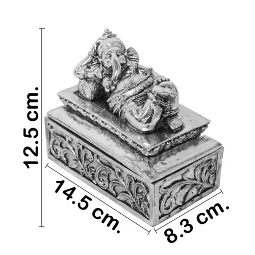 Caja de poliresina con Ganesha recostada plateada de 14.5×8.3×12.5cm