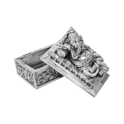 Caja de poliresina con Ganesha recostada plateada de 12x7x10.5cm