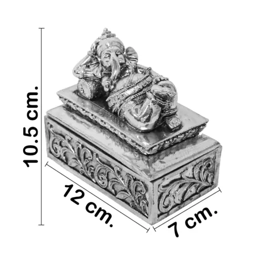 Caja de poliresina con Ganesha recostada plateada de 12x7x10.5cm