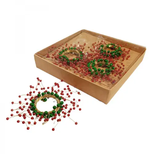 Juego de 4 servilleteros con cuentas rojas y verdes de 6cm