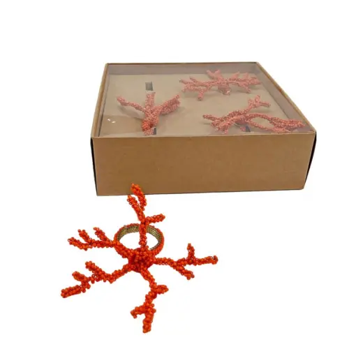 Juego de 4 servilleteros con chaquiras naranjas diseño coral de 4cm