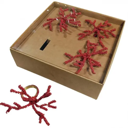 Juego de 4 servilleteros con chaquiras rojas diseño coral de 4cm